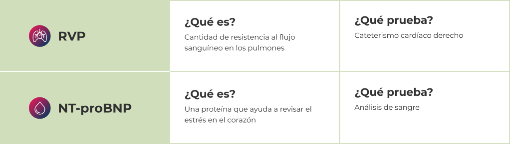 La RVP se define como la cantidad de resistencia al flujo sanguíneo en los pulmones y se mide mediante una prueba de cateterismo cardíaco derecho; el NT-proBNP es una proteína que ayuda a revisar el estrés en el corazón y se mide mediante un análisis de sangre